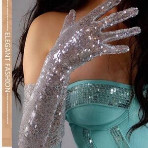 1 Pair Women's Long Silver Sparkly Sequin Finger Separate Long Gloves,